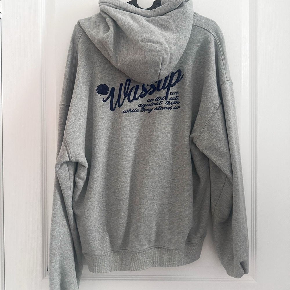 Oversized Unisex Grey Fleece Hoodie with Embroidered Back – Boyfriend Fit